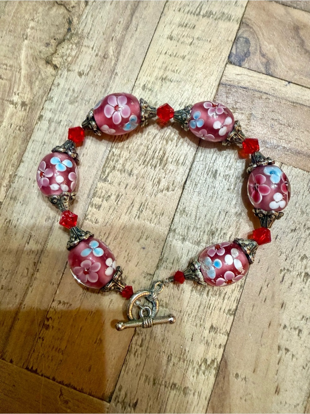 Vintage Murano Style Lampwork Floral Glass Bead Bracelet – Pink & Red